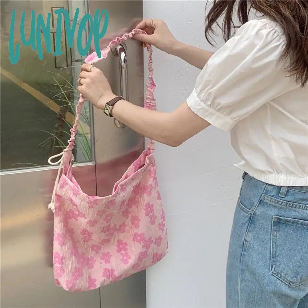 Lunivop Pink Sweet Womens Tote Bag Aesthetic Korean Style Fashion Cute Student Shoulder Pleated