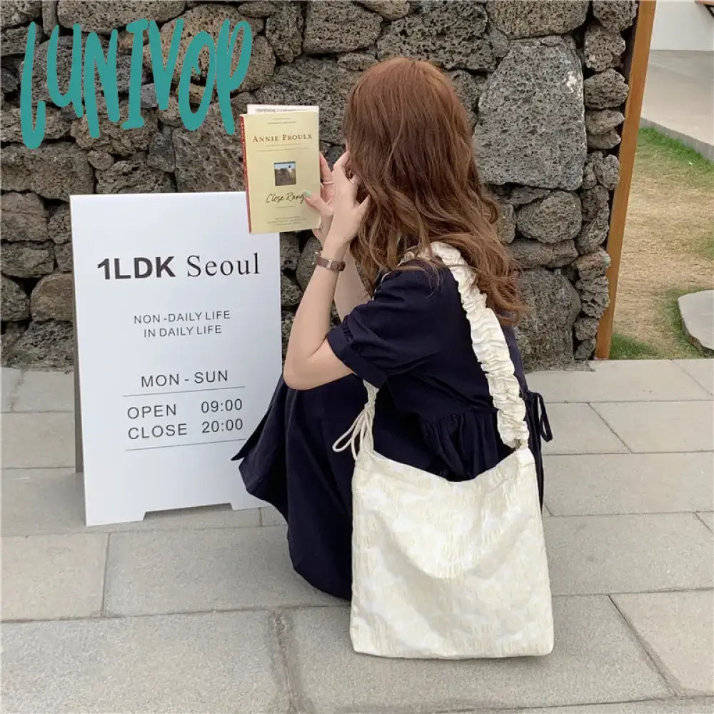 Lunivop Pink Sweet Womens Tote Bag Aesthetic Korean Style Fashion Cute Student Shoulder Pleated