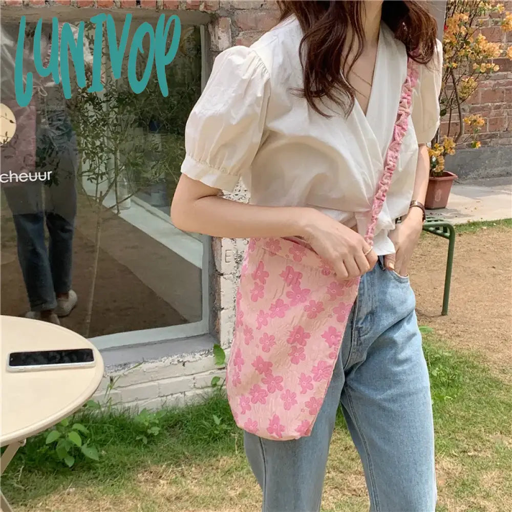 Lunivop Pink Sweet Womens Tote Bag Aesthetic Korean Style Fashion Cute Student Shoulder Pleated