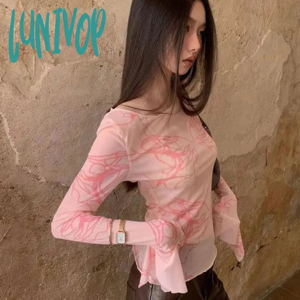 Lunivop Pink Tie Dye Mesh Tops Long Sleeve See Through T Shirt Women Clothes Y2K Grunge Aesthetic