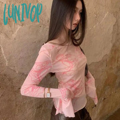 Lunivop Pink Tie Dye Mesh Tops Long Sleeve See Through T Shirt Women Clothes Y2K Grunge Aesthetic