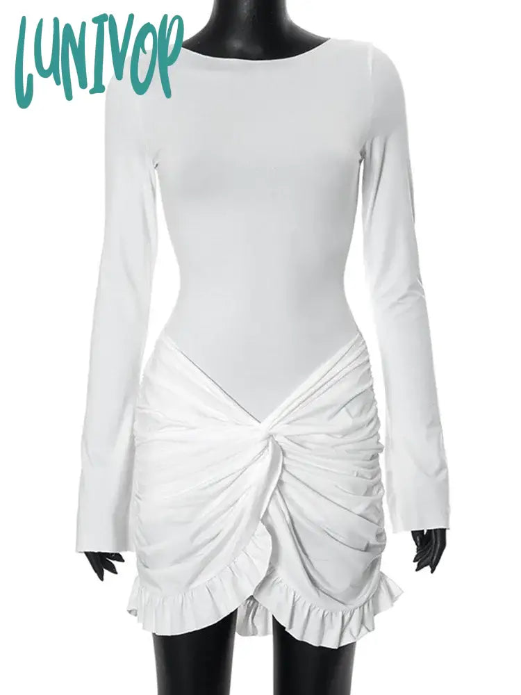 Lunivop Pleated Twaist Mini Dress For Women Bodycon O Neck Long Sleeve Sexy Dresses Solid Patchwork
