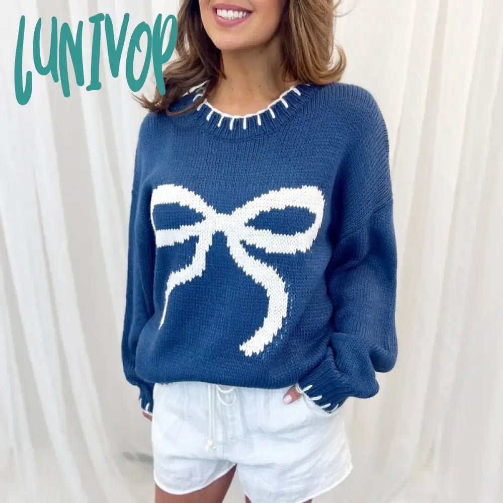 Lunivop Preppy Cute Y2K Aesthetic Grunge Knitwear Bowknot Patterm Loose Fit Knitted Sweater Autumn