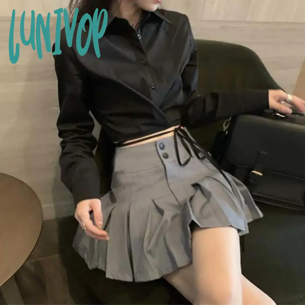 Lunivop Preppy Pleated Mini Skirts Korean High Waist A Line Student Summer College Sweet Button