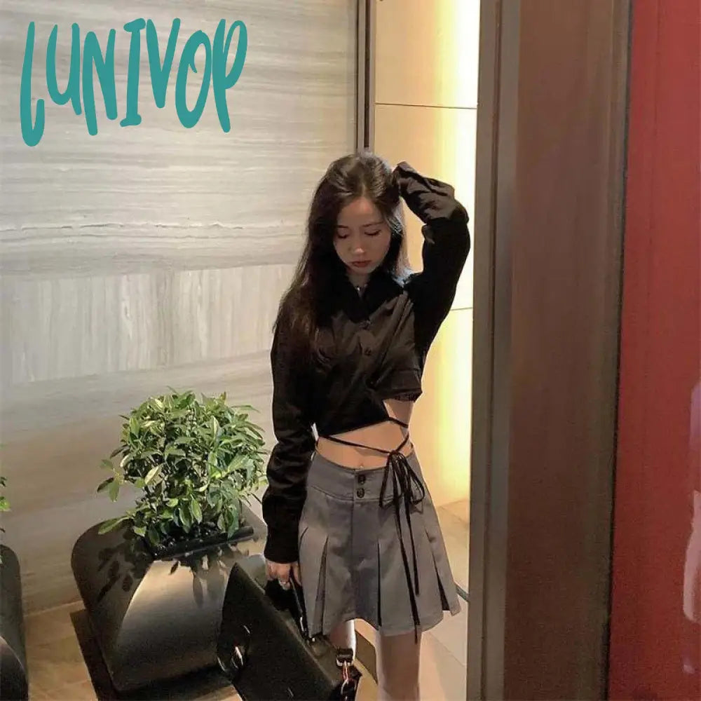 Lunivop Preppy Pleated Mini Skirts Korean High Waist A Line Student Summer College Sweet Button