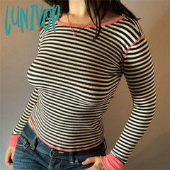 Lunivop Preppy Style Casual T-Shirt Striped Print Patchwork Basic Sweats Tops Aesthetic Clothes