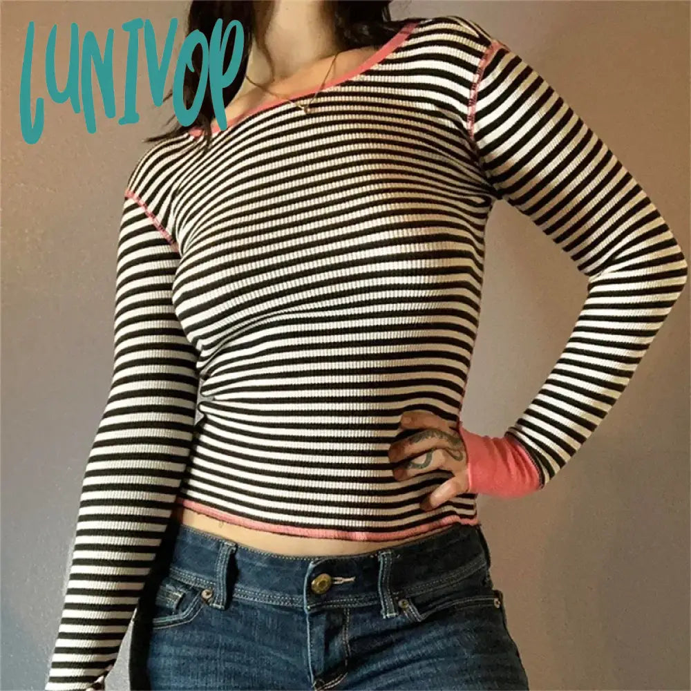 Lunivop Preppy Style Casual T-Shirt Striped Print Patchwork Basic Sweats Tops Aesthetic Clothes