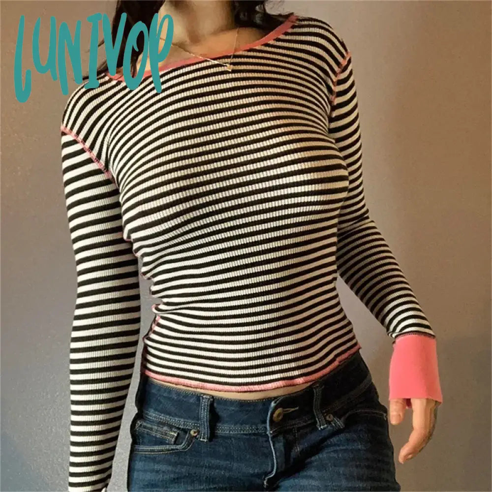 Lunivop Preppy Style Casual T-Shirt Striped Print Patchwork Basic Sweats Tops Aesthetic Clothes