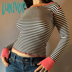 Lunivop Preppy Style Casual T-Shirt Striped Print Patchwork Basic Sweats Tops Aesthetic Clothes