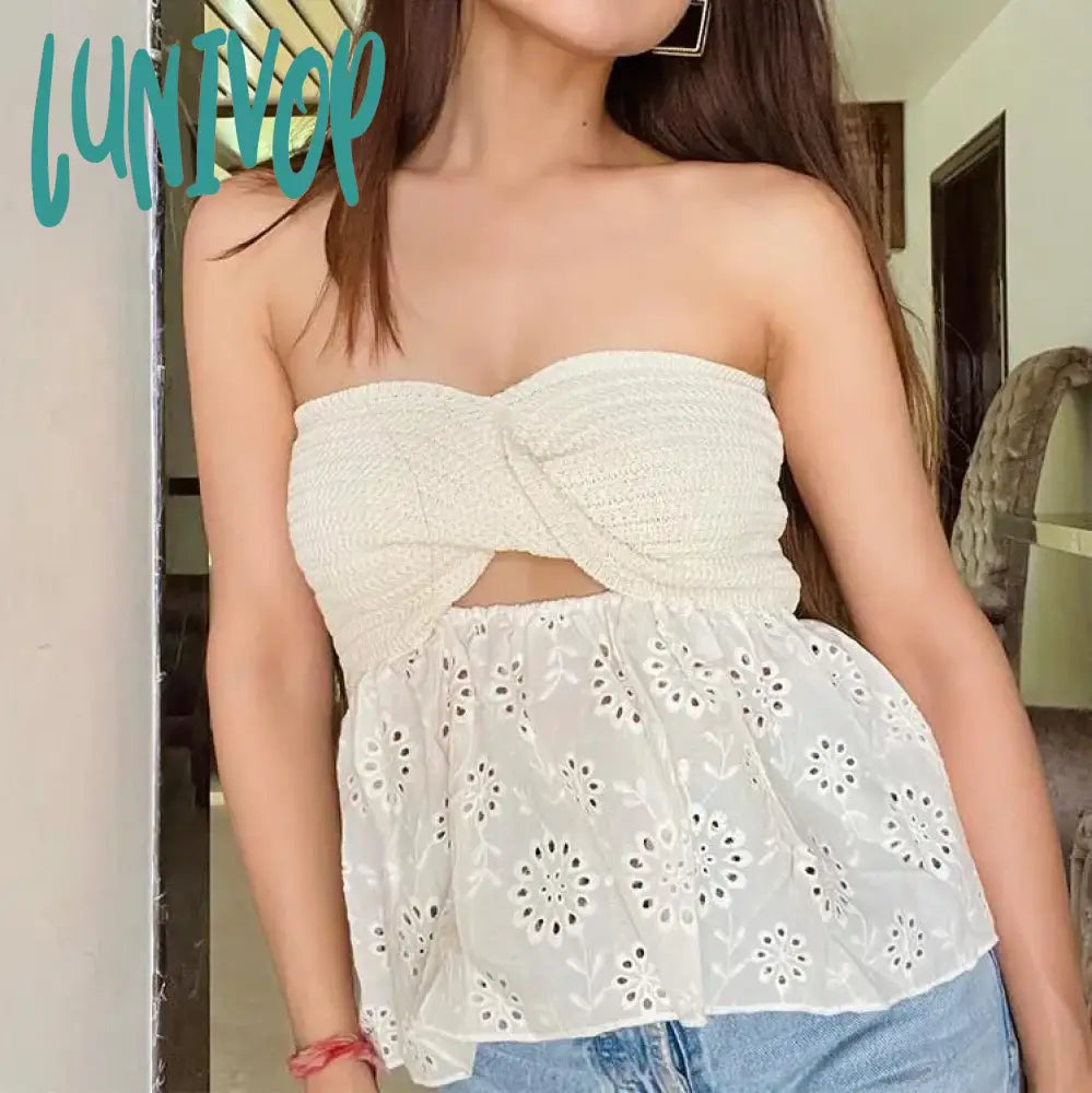 Lunivop Pretty Cropped Cute Tube Y2K Tops Corset Knitted Twist Off Shoulder Backless Ruffles Crop