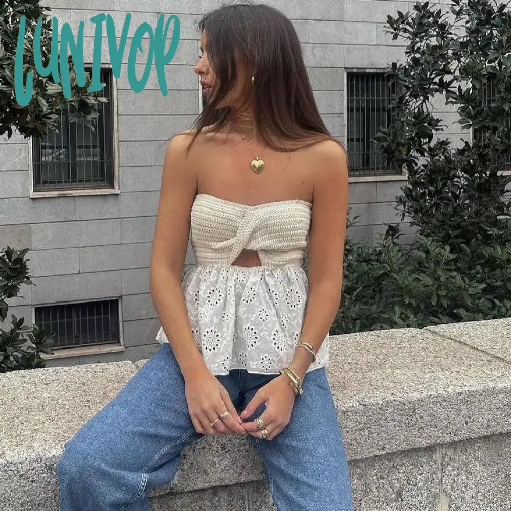 Lunivop Pretty Cropped Cute Tube Y2K Tops Corset Knitted Twist Off Shoulder Backless Ruffles Crop