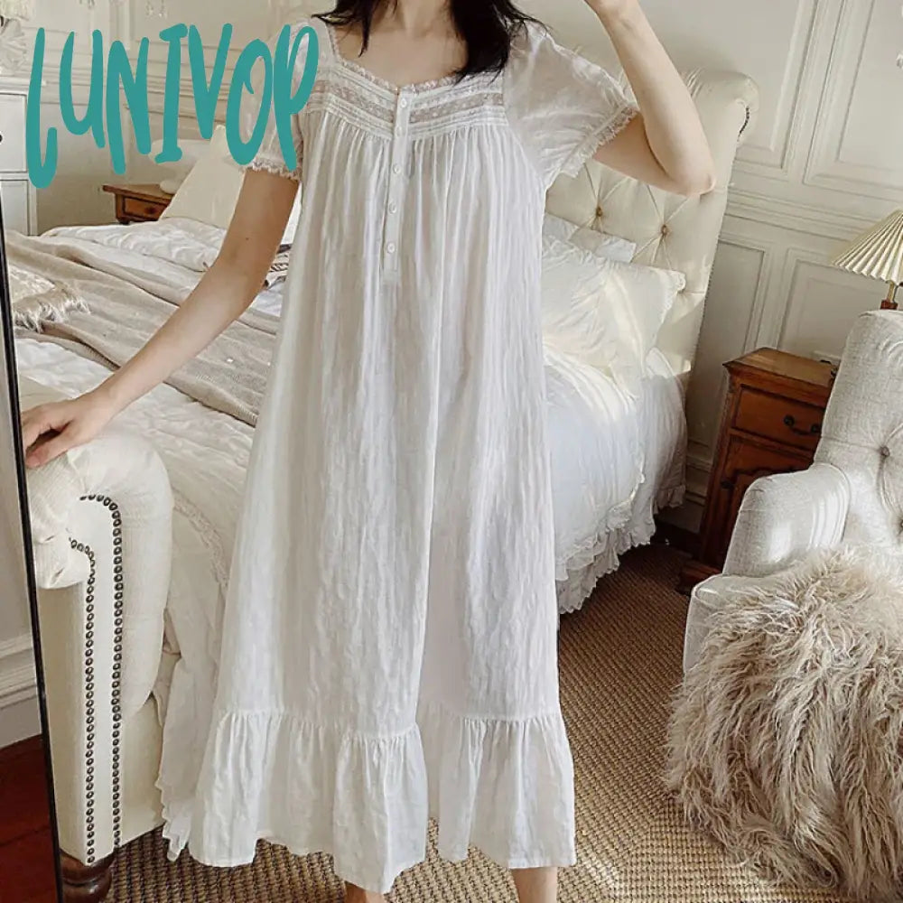 Lunivop Princess Sleepwear Women Pure Cotton Peignoir White Short Sleeve Victorian Long Night Dress