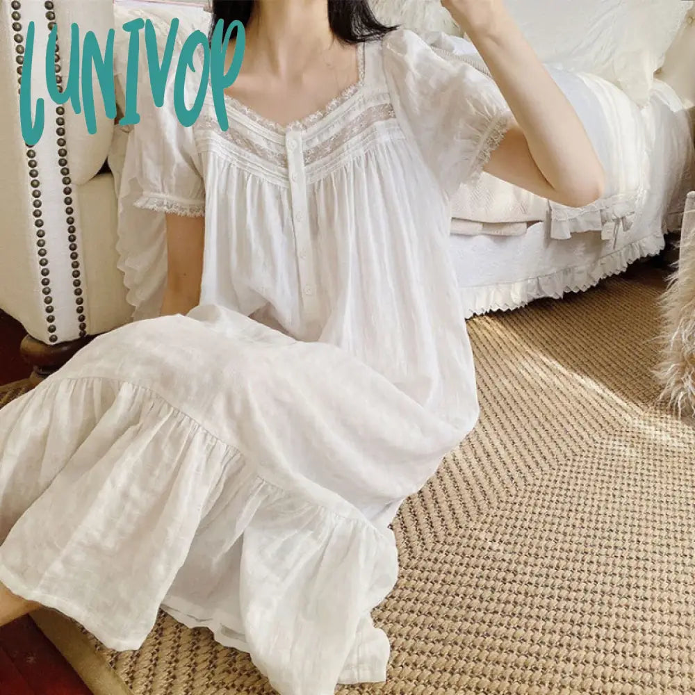 Lunivop Princess Sleepwear Women Pure Cotton Peignoir White Short Sleeve Victorian Long Night Dress