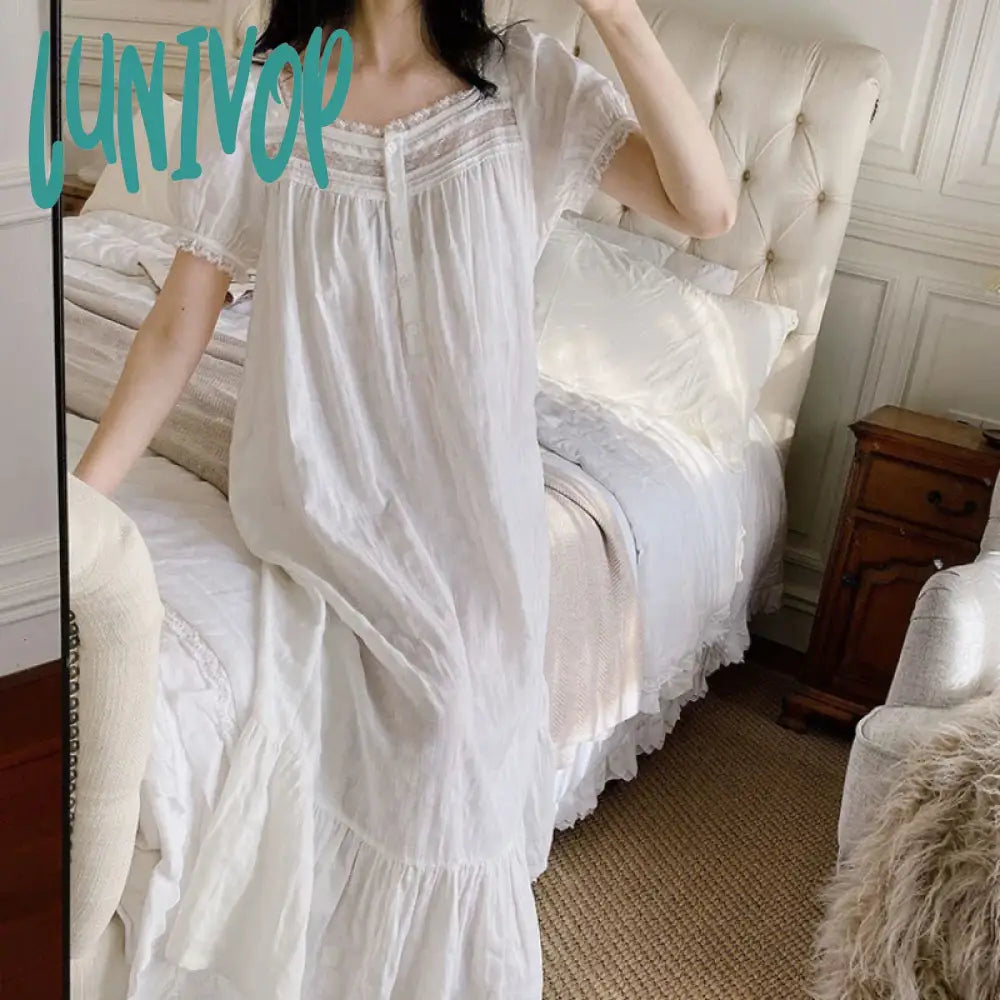 Lunivop Princess Sleepwear Women Pure Cotton Peignoir White Short Sleeve Victorian Long Night Dress