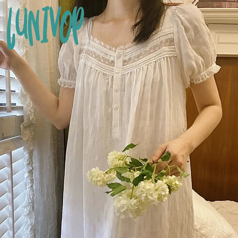 Lunivop Princess Sleepwear Women Pure Cotton Peignoir White Short Sleeve Victorian Long Night Dress