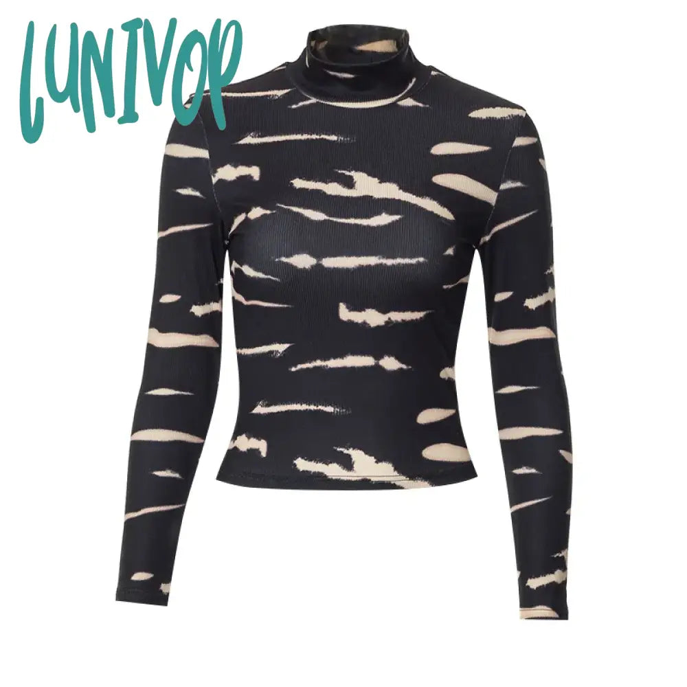 Lunivop Print Ribbed Casual T-Shirt Women Long Sleeve Slim Fit Tee Shirts Spring Fall Harajuku Crop