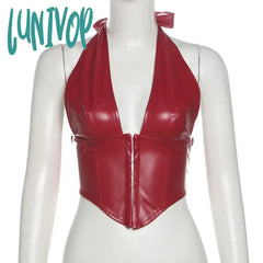 Lunivop Pu Leather Busiter Corsset Tops Sexy Low Cut Deep V Neck Backless Crop Top Club Camisole