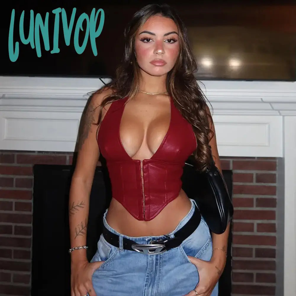 Lunivop Pu Leather Busiter Corsset Tops Sexy Low Cut Deep V Neck Backless Crop Top Club Camisole