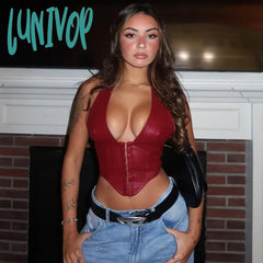 Lunivop Pu Leather Busiter Corsset Tops Sexy Low Cut Deep V Neck Backless Crop Top Club Camisole