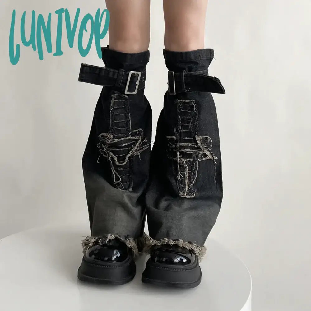 Lunivop Punk Gothic Cross Denim Leg Warmers Harajuku Boot Cuffs Sock Y2K Star Strap Covers