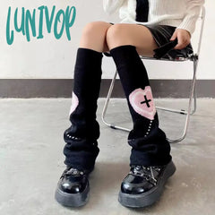 Lunivop Punk Leg Warmers Pink Love Cross Knitted Socks Double Sided Ab Harajuku Y2K Gothic Hot Girl