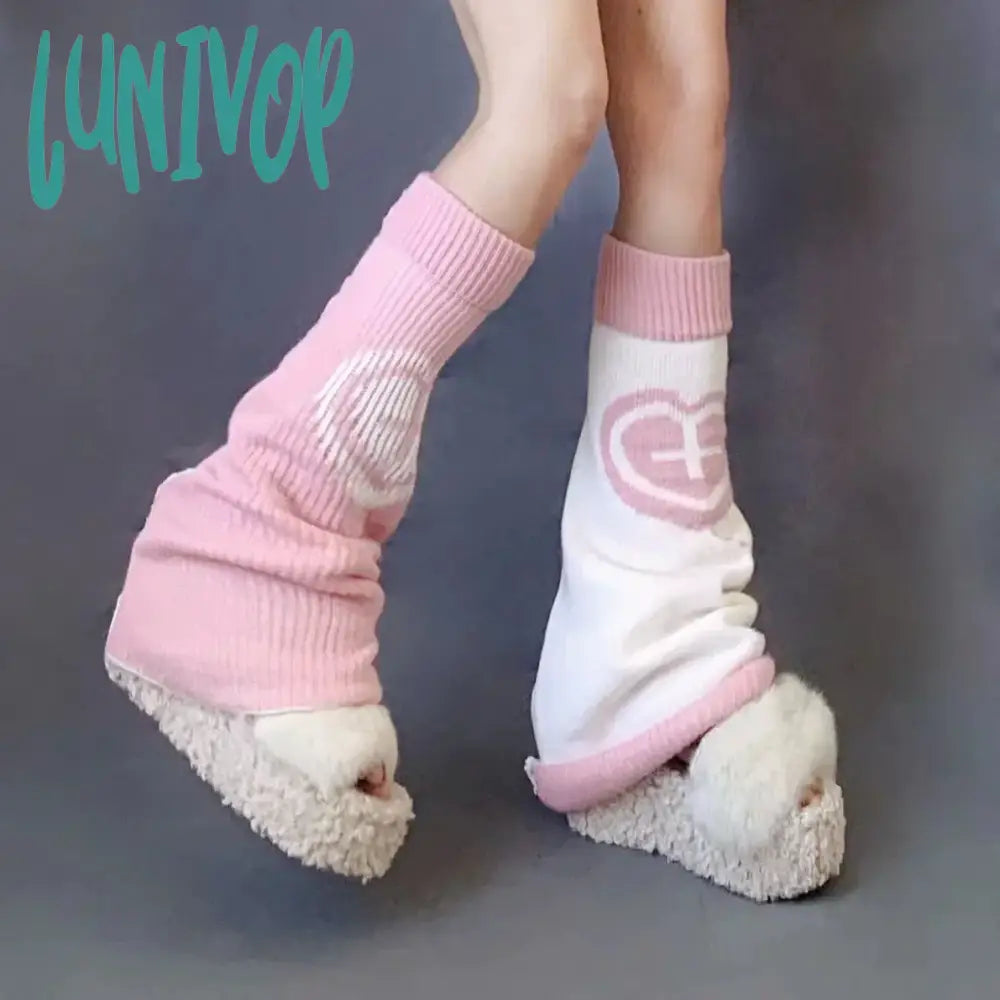 Lunivop Punk Leg Warmers Pink Love Cross Knitted Socks Double Sided Ab Harajuku Y2K Gothic Hot Girl