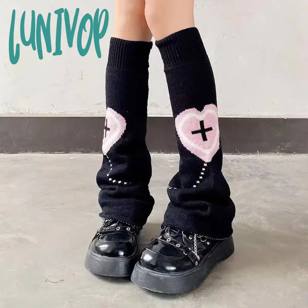 Lunivop Punk Leg Warmers Pink Love Cross Knitted Socks Double Sided Ab Harajuku Y2K Gothic Hot Girl