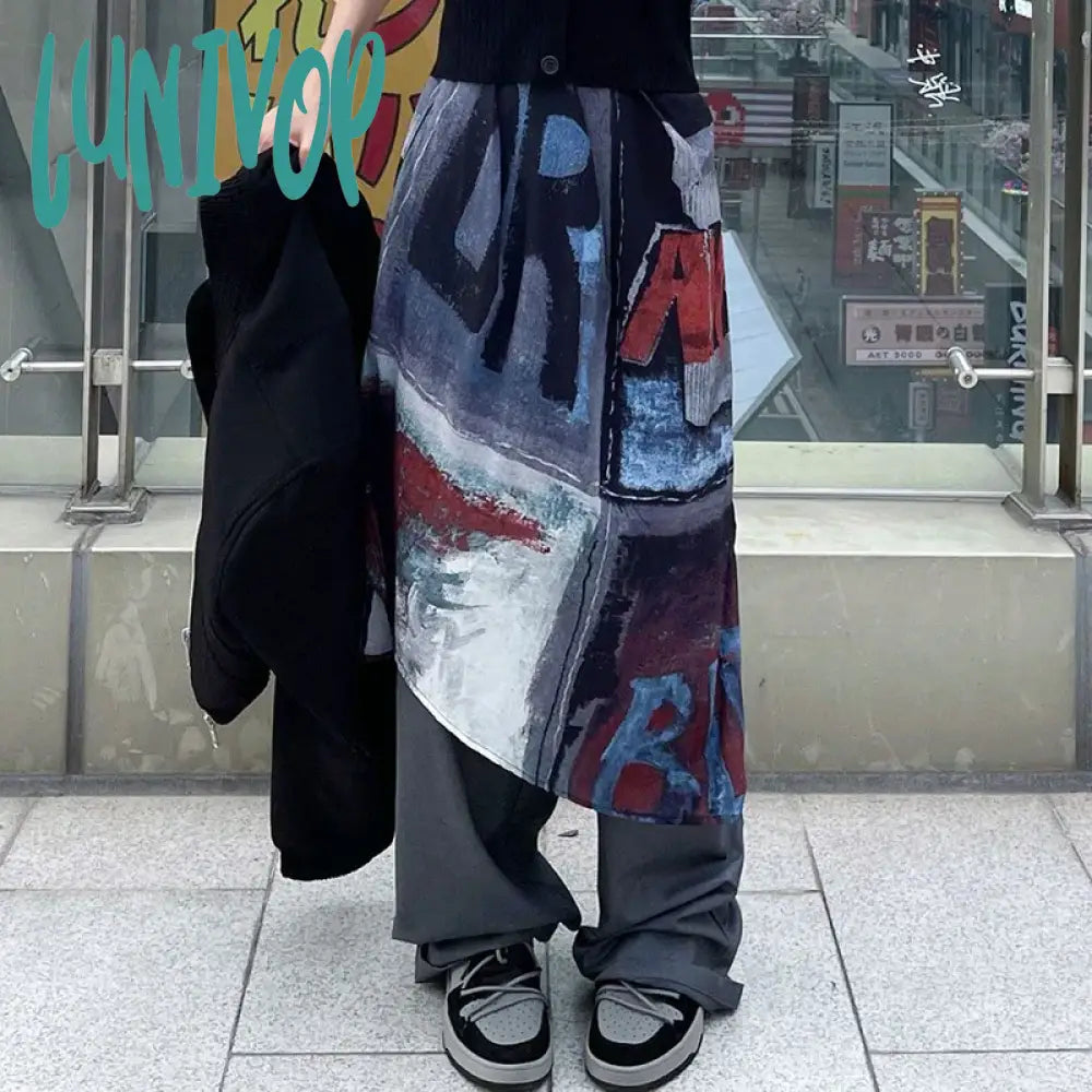 Lunivop Punk Midi Skirt Women Streetwear Graffiti Print Irregular Skirts Harajuku Gothic Korean