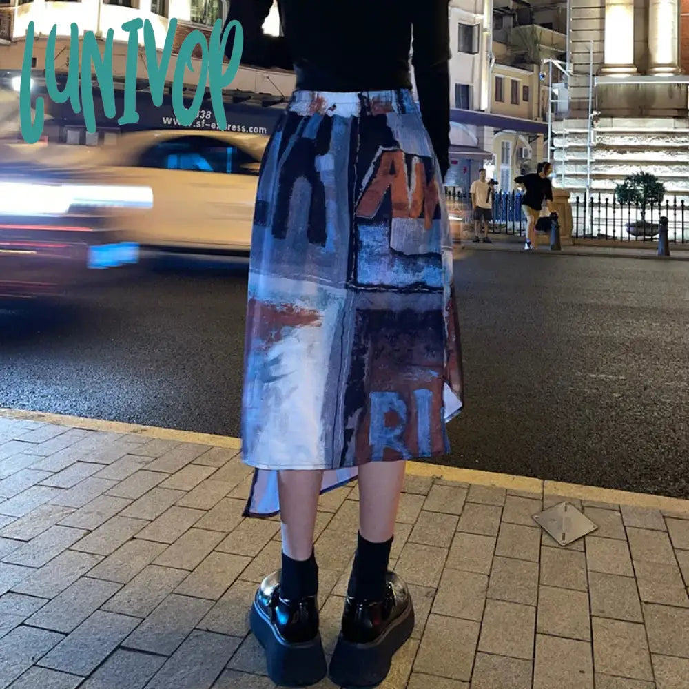 Lunivop Punk Midi Skirt Women Streetwear Graffiti Print Irregular Skirts Harajuku Gothic Korean