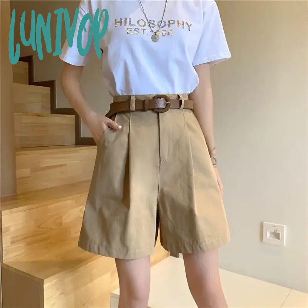 Lunivop Pure Cotton Suit Shorts Women Fashion Belt Black Wide Leg 3Xl Summer Ladies Korean Elegant