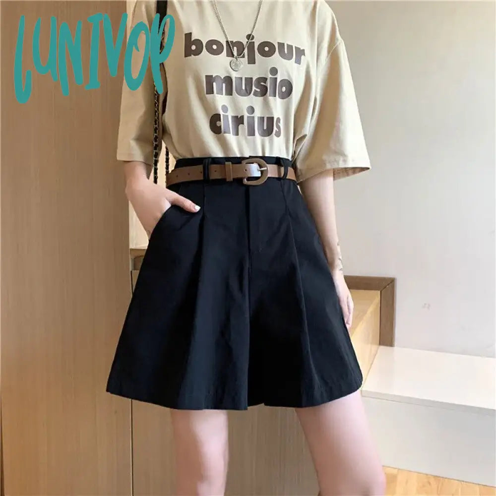 Lunivop Pure Cotton Suit Shorts Women Fashion Belt Black Wide Leg 3Xl Summer Ladies Korean Elegant