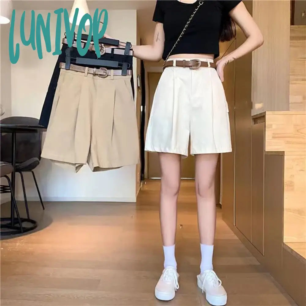 Lunivop Pure Cotton Suit Shorts Women Fashion Belt Black Wide Leg 3Xl Summer Ladies Korean Elegant