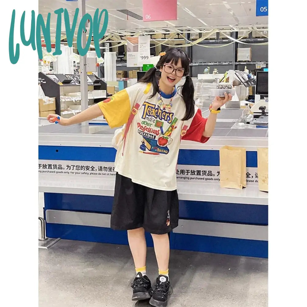 Lunivop Pure Cotton T Shirts Women Streetwear Y2K Oversized Funny Print Tops Harajuku Grunge