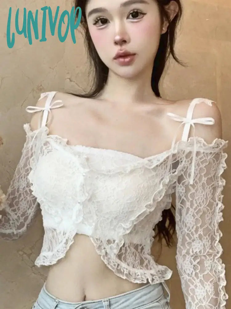 Lunivop Purple Backless Sexy Crop Tops Women Lace Korean Fashion Designer Slim Blouse Female Bow