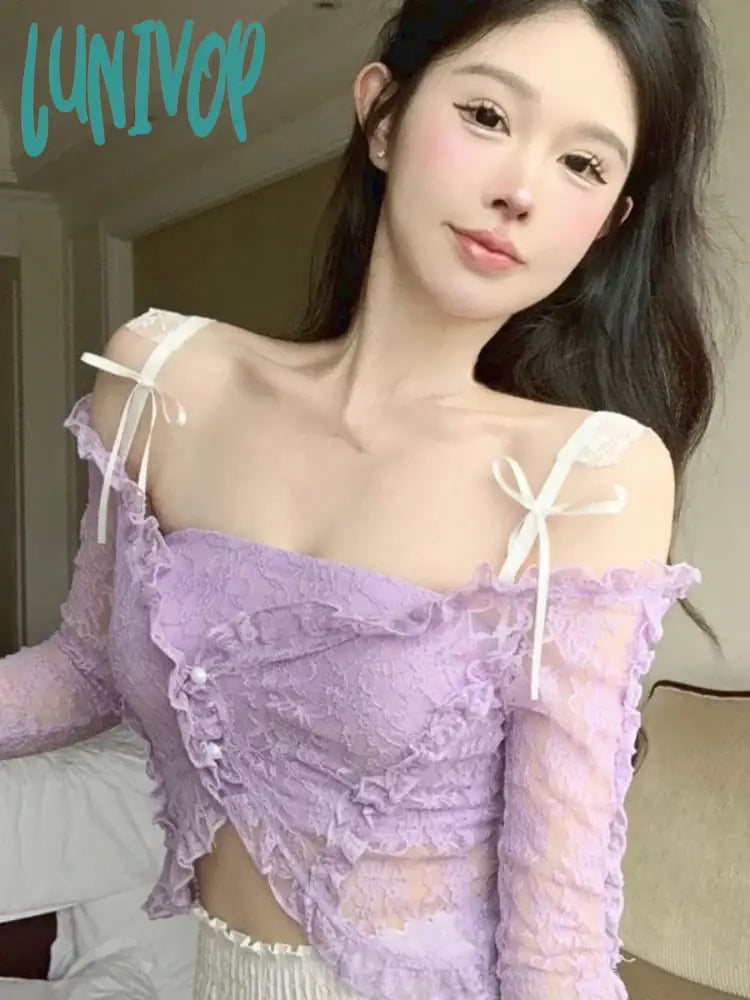 Lunivop Purple Backless Sexy Crop Tops Women Lace Korean Fashion Designer Slim Blouse Female Bow