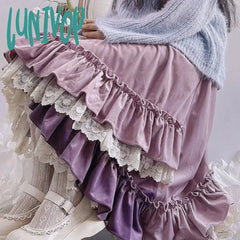 Lunivop Purple Vintage Evening Party Midi Skirt Women Lace Kawaii Lolita Fairy Autumn Winter