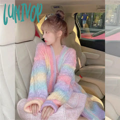 Lunivop Rainbow Knitted Cardigan Women Autumn Winter Sweet Kawaii Sweater Coat Female Long Korean