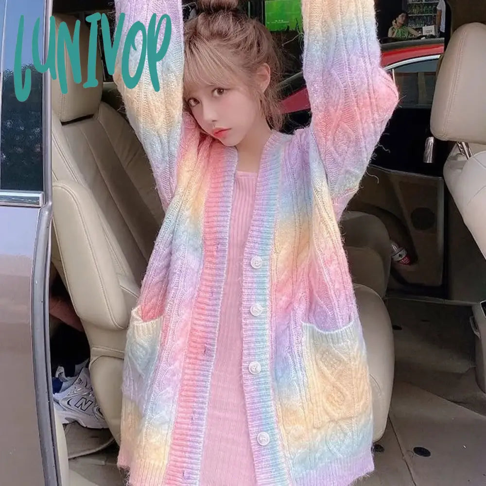 Lunivop Rainbow Knitted Cardigan Women Autumn Winter Sweet Kawaii Sweater Coat Female Long Korean