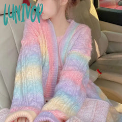 Lunivop Rainbow Knitted Cardigan Women Autumn Winter Sweet Kawaii Sweater Coat Female Long Korean