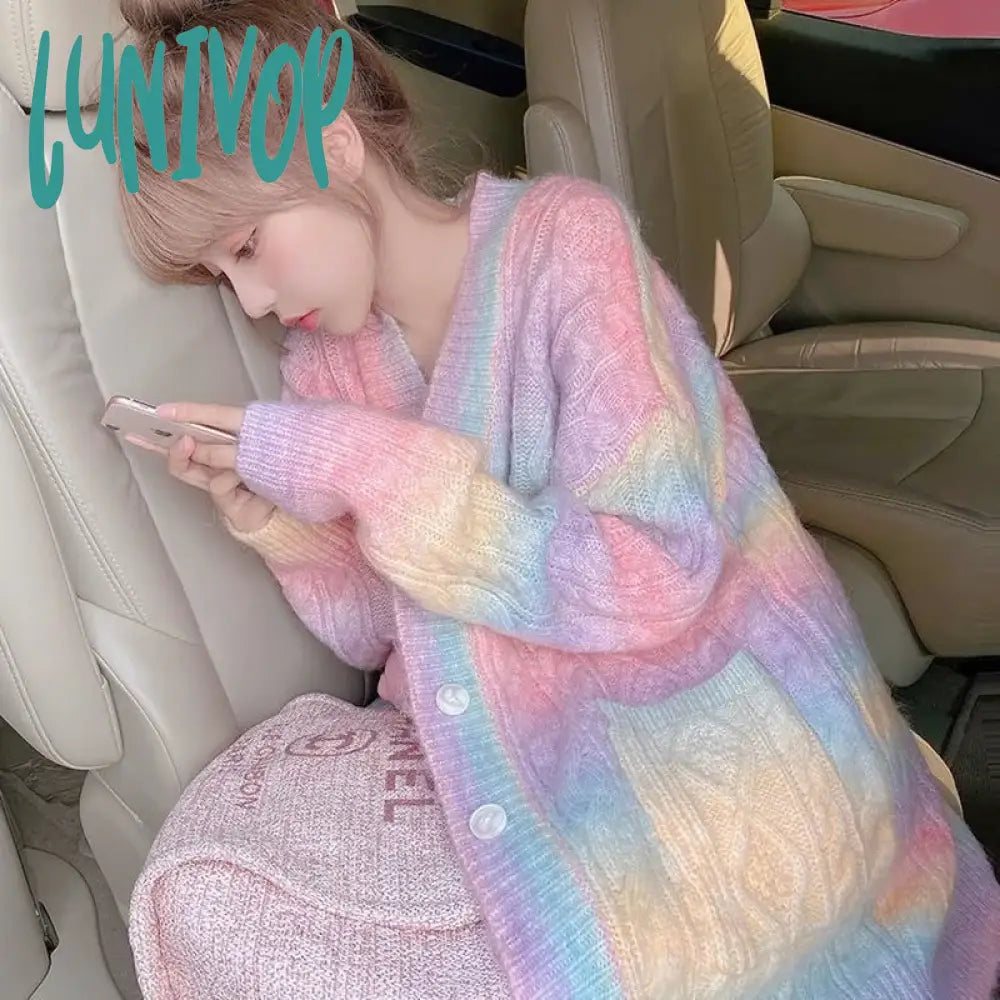 Lunivop Rainbow Knitted Cardigan Women Autumn Winter Sweet Kawaii Sweater Coat Female Long Korean