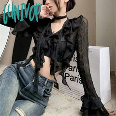 Lunivop Retro Casual Mesh Long Sleeve Blouse Women Hollow Sexy Crop Tops Ruffle Korean Slim Fit