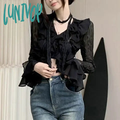 Lunivop Retro Casual Mesh Long Sleeve Blouse Women Hollow Sexy Crop Tops Ruffle Korean Slim Fit