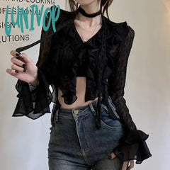 Lunivop Retro Casual Mesh Long Sleeve Blouse Women Hollow Sexy Crop Tops Ruffle Korean Slim Fit