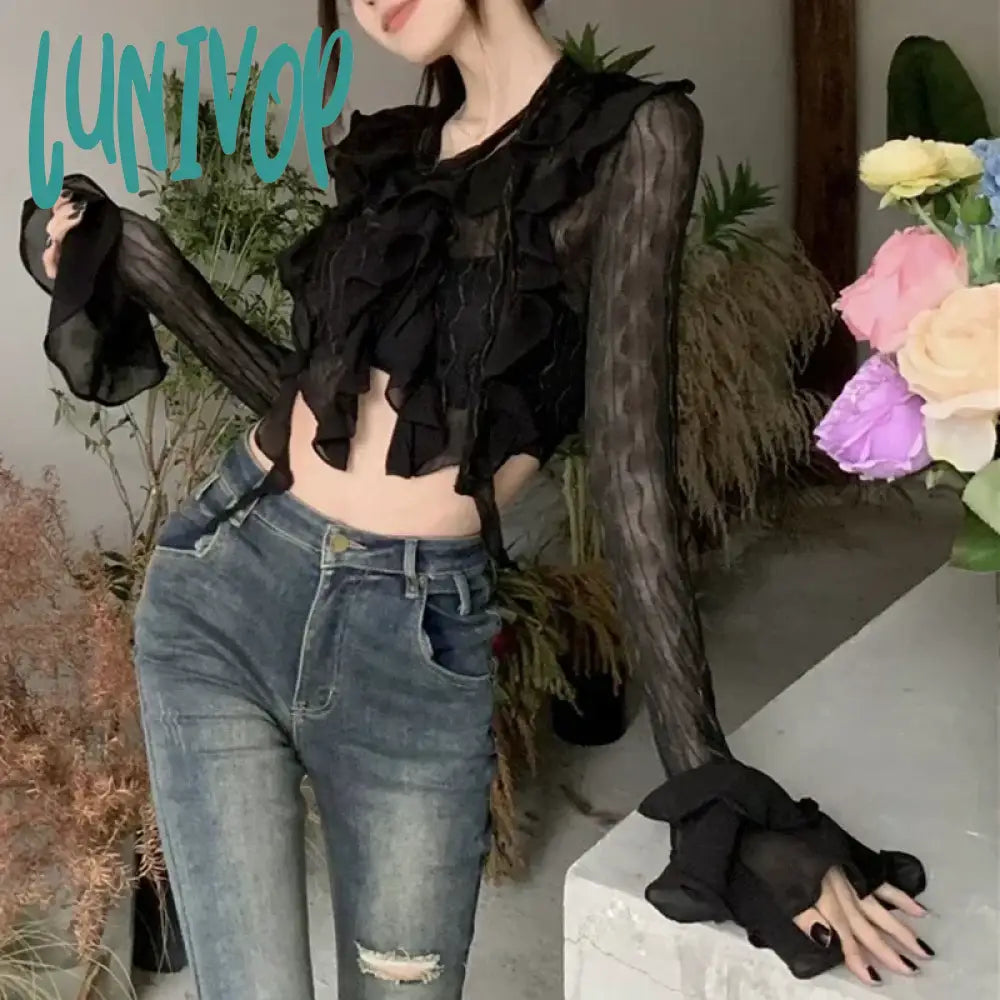 Lunivop Retro Casual Mesh Long Sleeve Blouse Women Hollow Sexy Crop Tops Ruffle Korean Slim Fit