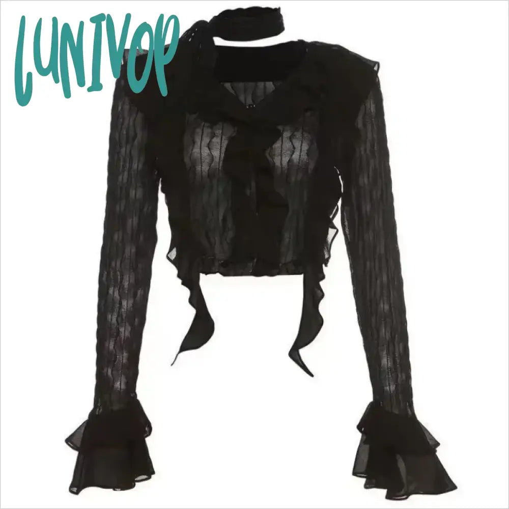 Lunivop Retro Casual Mesh Long Sleeve Blouse Women Hollow Sexy Crop Tops Ruffle Korean Slim Fit