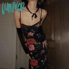 Lunivop Retro Floral Dress Women Elegant Summer Slim Sleeveless Backless Long Dresses Female Party