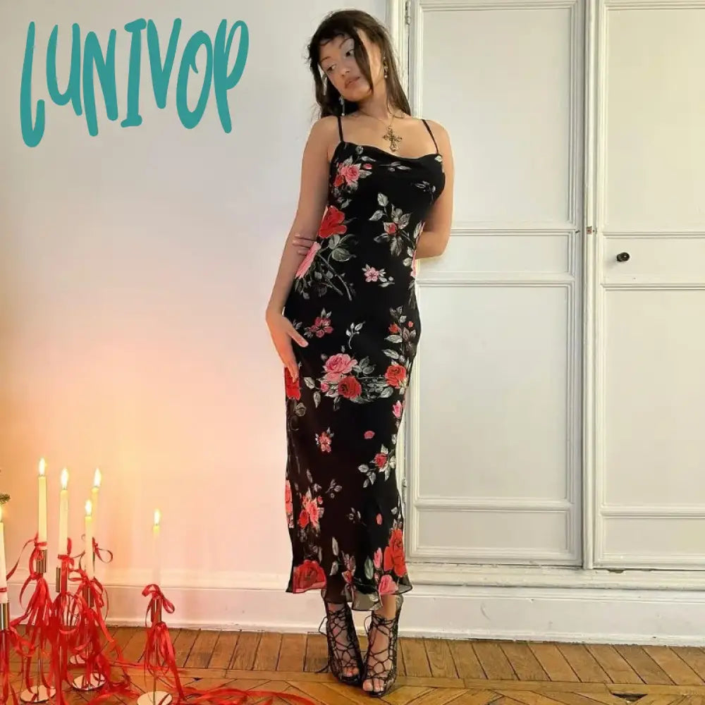 Lunivop Retro Floral Dress Women Elegant Summer Slim Sleeveless Backless Long Dresses Female Party