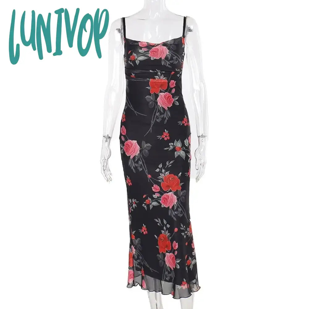 Lunivop Retro Floral Dress Women Elegant Summer Slim Sleeveless Backless Long Dresses Female Party