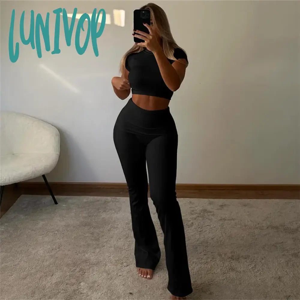 Lunivop Ribbed Two Piece Set Short Sleeve Crop Top And Flare Pants Sets Casual Spring Summer Y2K