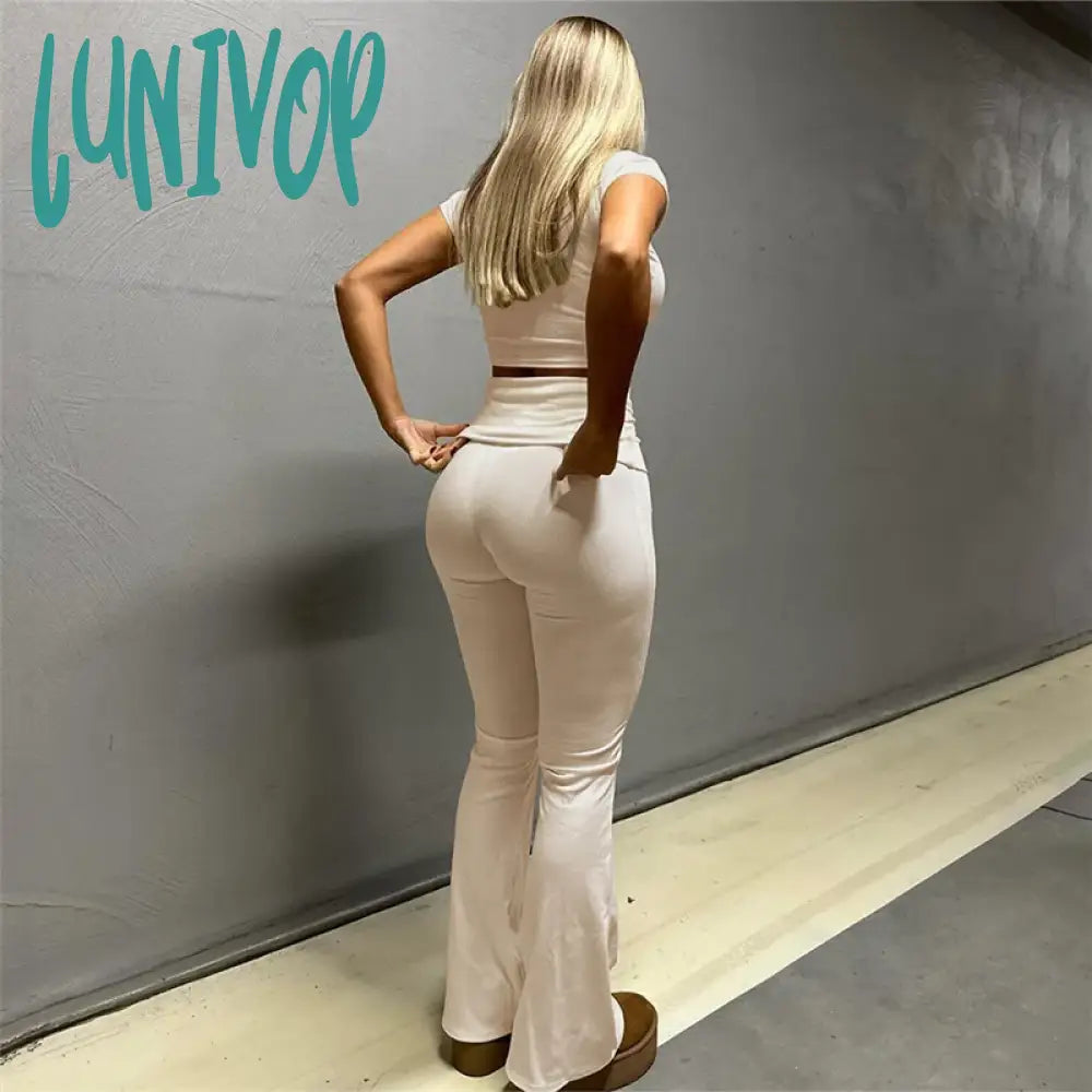 Lunivop Ribbed Two Piece Set Short Sleeve Crop Top And Flare Pants Sets Casual Spring Summer Y2K